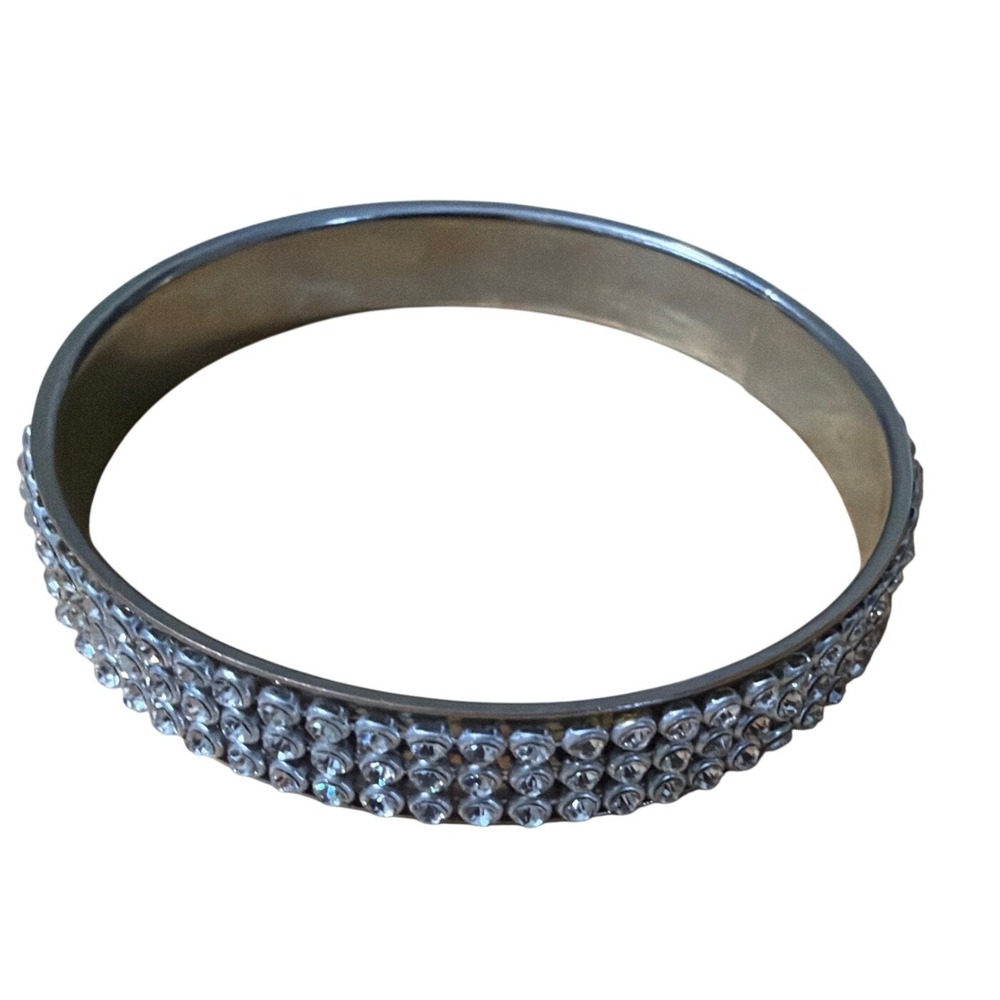 Silver Tone 3-Row Clear Rhinestone Bangle Bracelet ‎ Evening Wedding